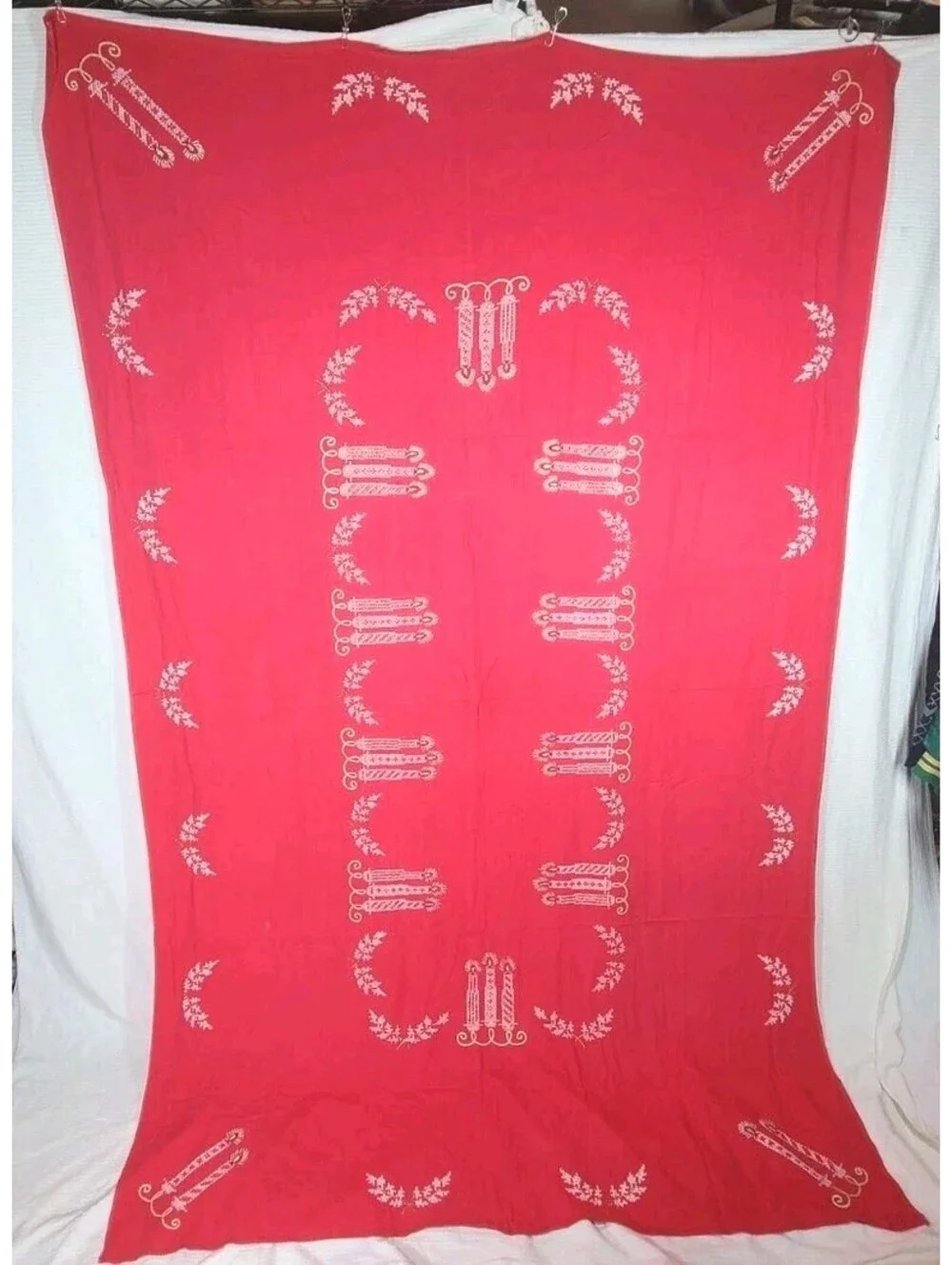 Vintage 1950s Holiday Tablecloth Rhinestone Candles 60x92